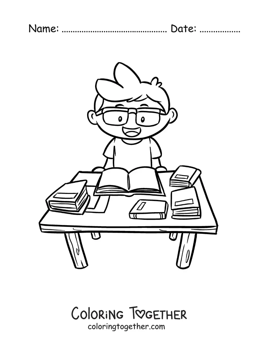 Coloring page of a boy studying at a table