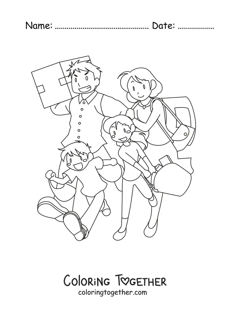Coloring page of a family out shopping