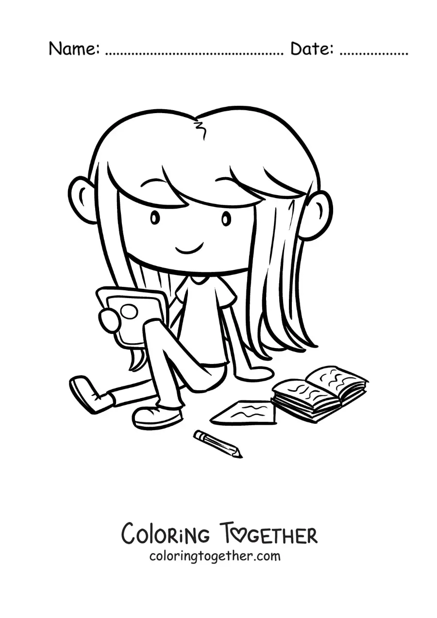 Coloring page of a girl studying on a tablet