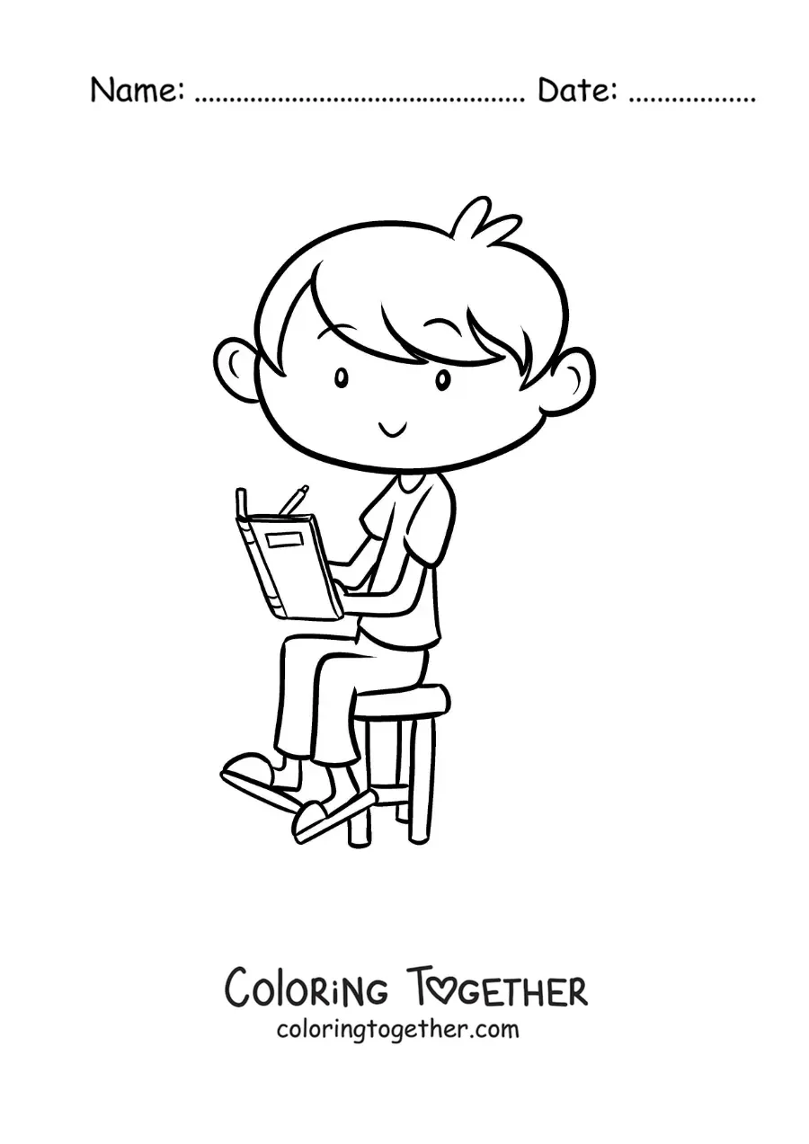 Coloring page of a boy sitting in a chair doing his homework