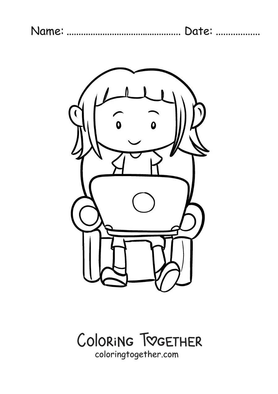 Coloring page of a girl sitting and doing her homework on a computer
