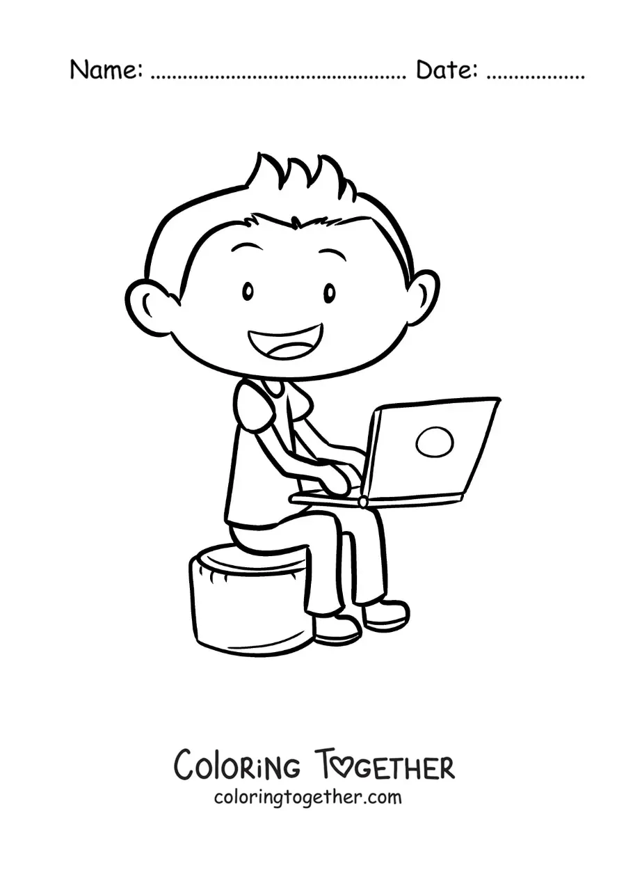 Coloring page of a boy sitting and doing his homework on a computer