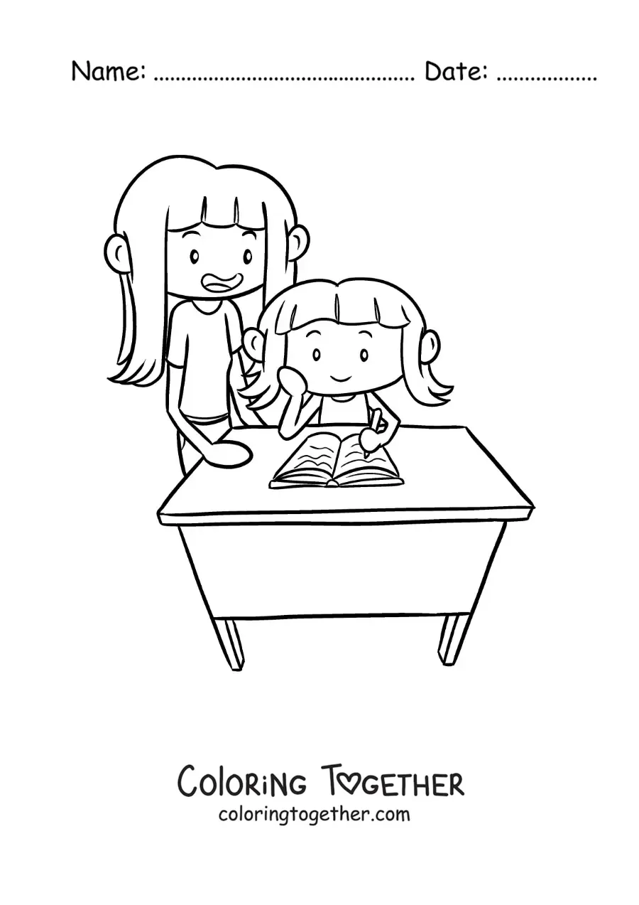 Coloring page of a girl helping her sister do her homework