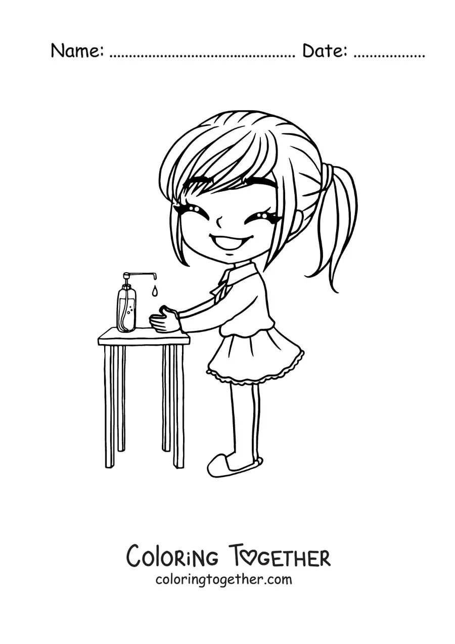 Coloring page of a kawaii girl cleaning her hands with hand sanitizer