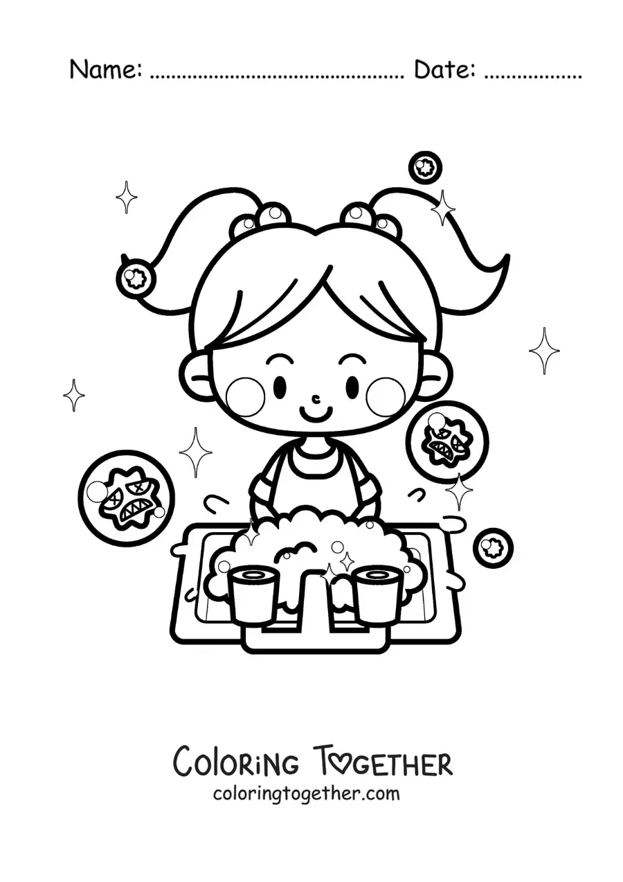 Coloring page of a kawaii girl washing her hands to protect against viruses