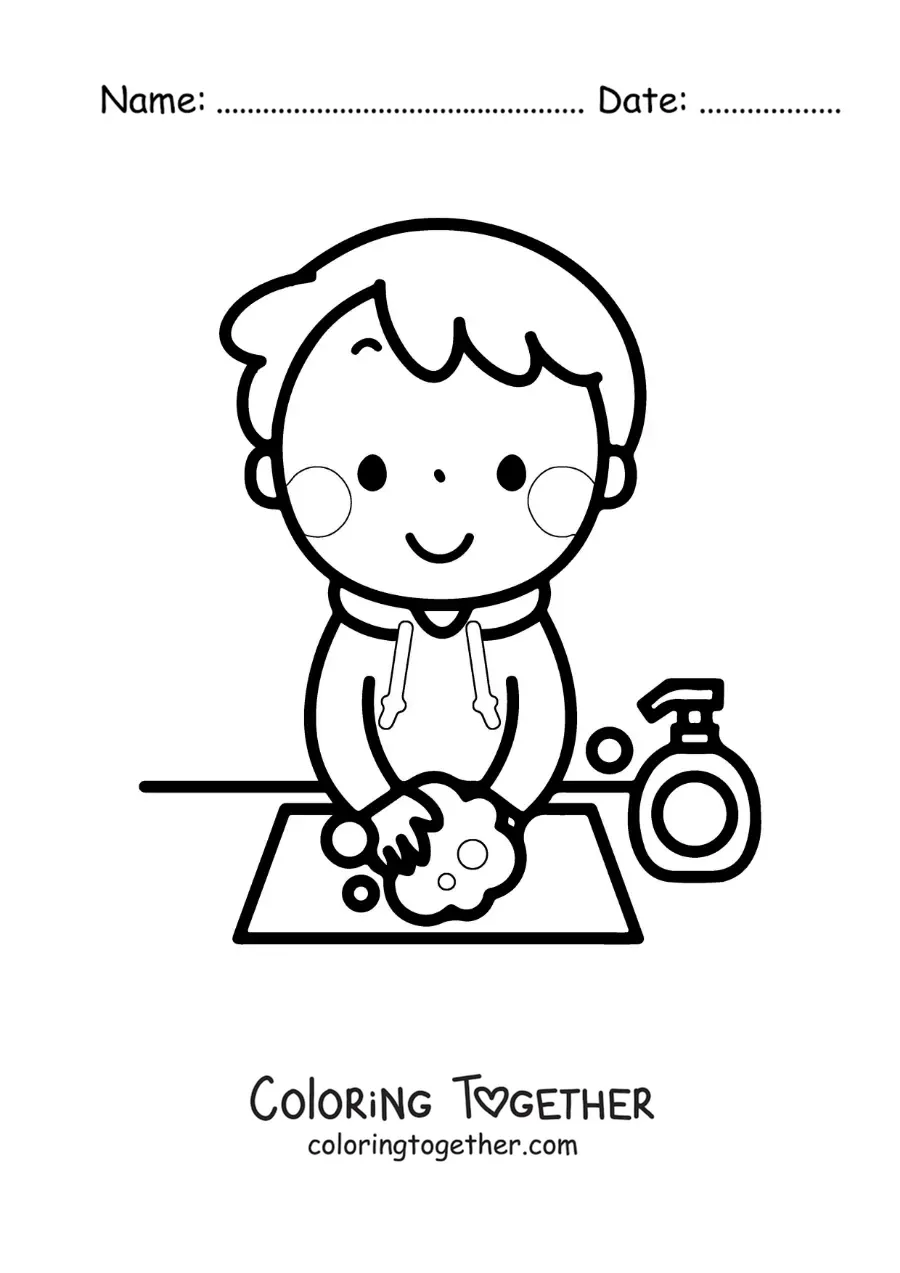 Coloring page of a kawaii boy washing his hands with soap and water