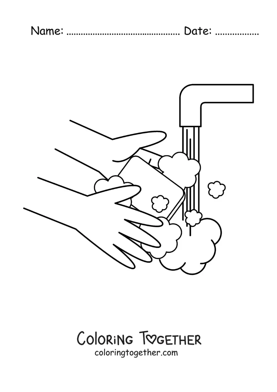 Coloring page of a pair of hands with soap and foam under running water