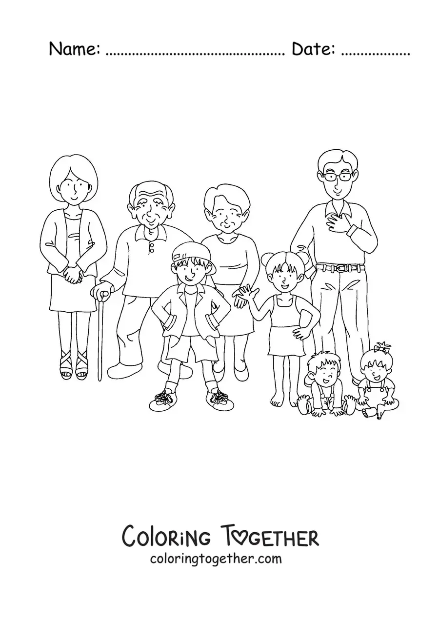 Coloring page of a large family with four children and two grandparents