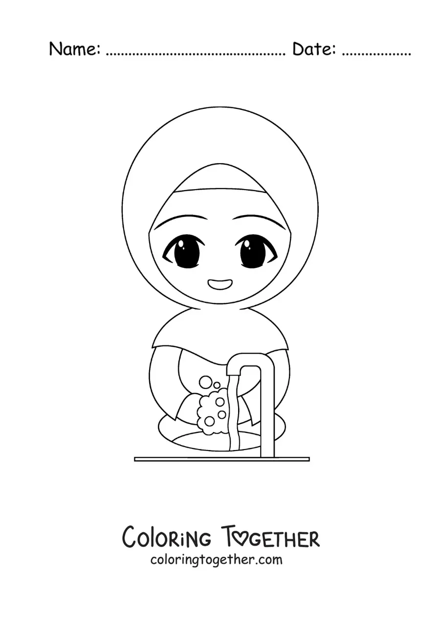 Coloring page of a girl wearing a hijab washing her hands