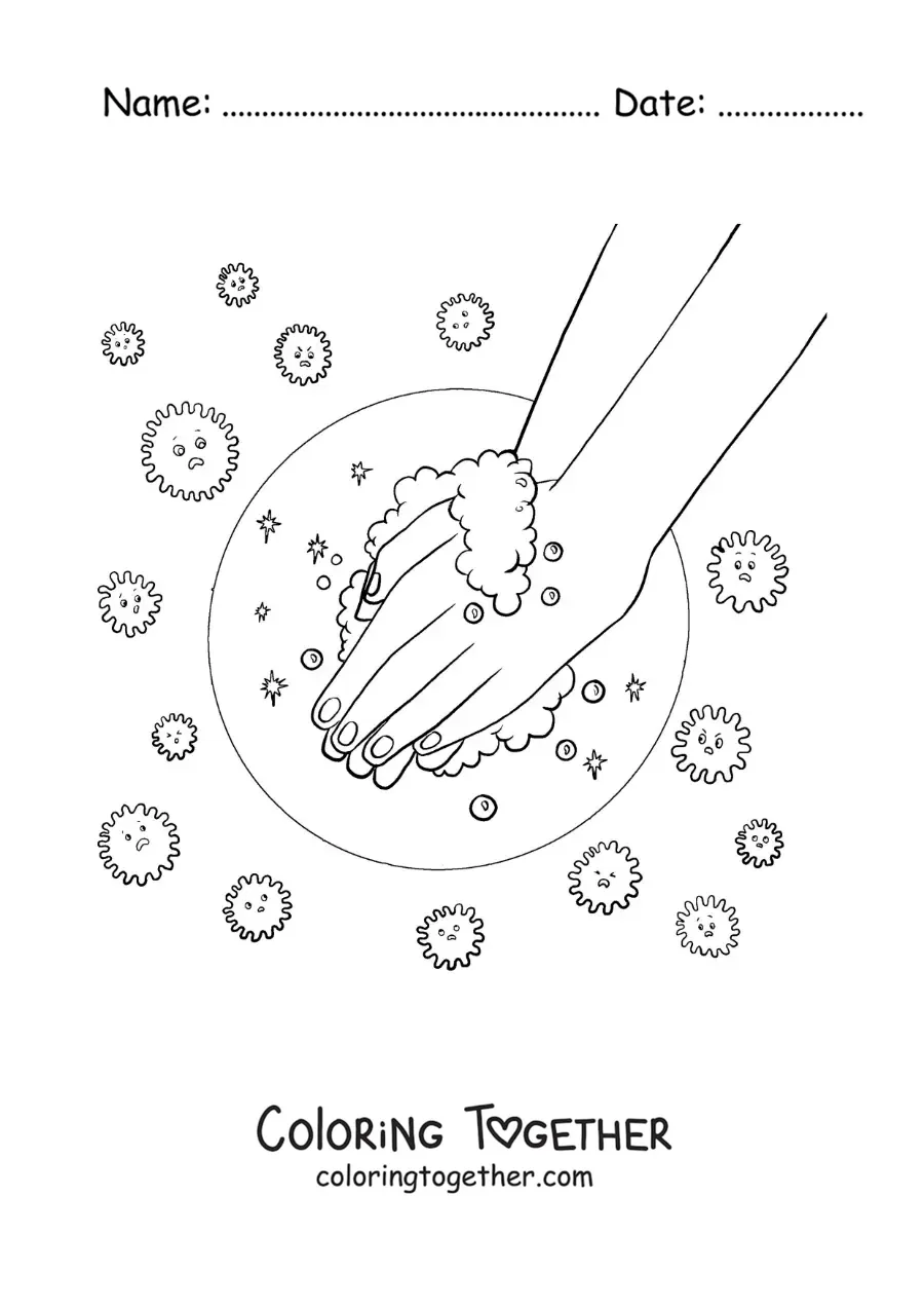 Coloring page of a pair of soapy hands protected from a cartoon virus