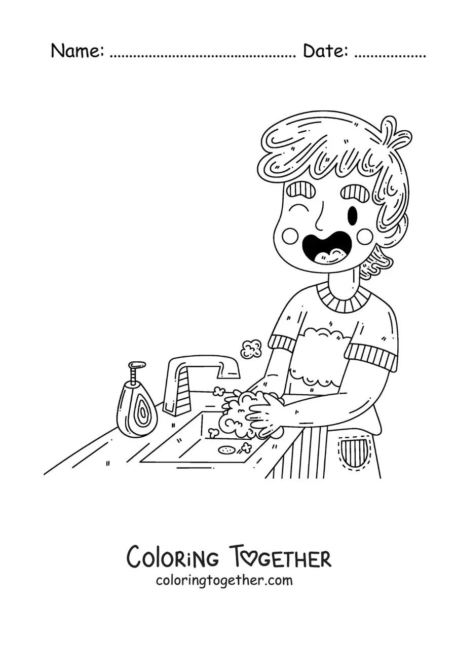Coloring page of a boy washing his hands before eating