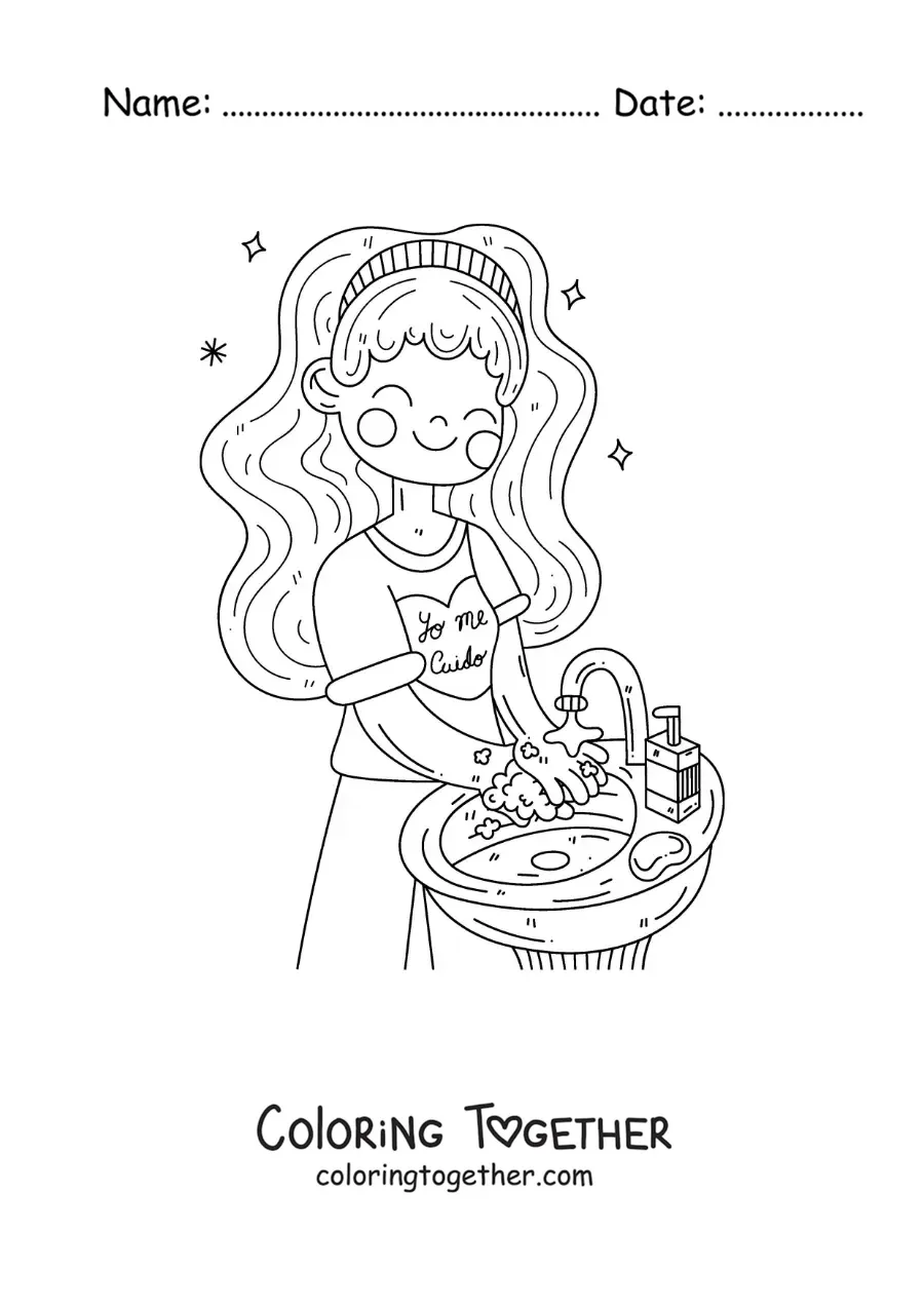 Coloring page of a girl washing her hands before eating