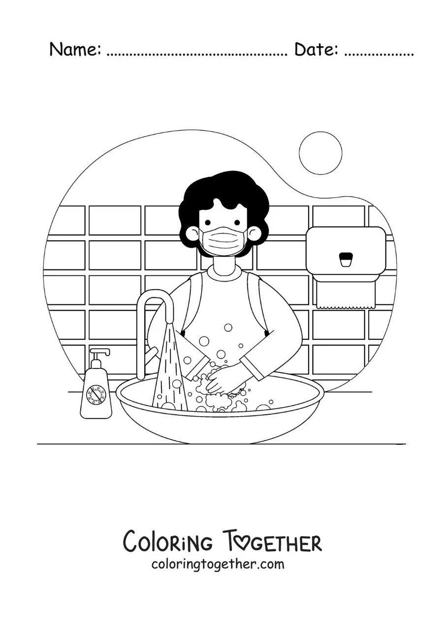 Coloring page of a boy washing his hands with soap and water at school