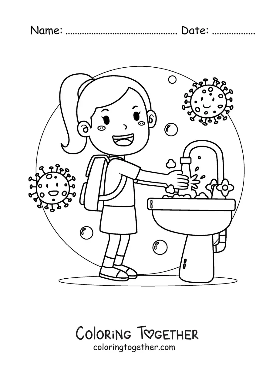 Coloring page of a girl washing her hands at school to prevent illness