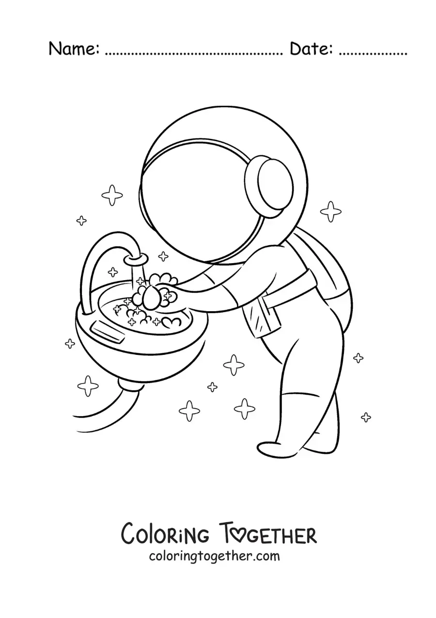 Coloring page of a cartoon astronaut washing his hands