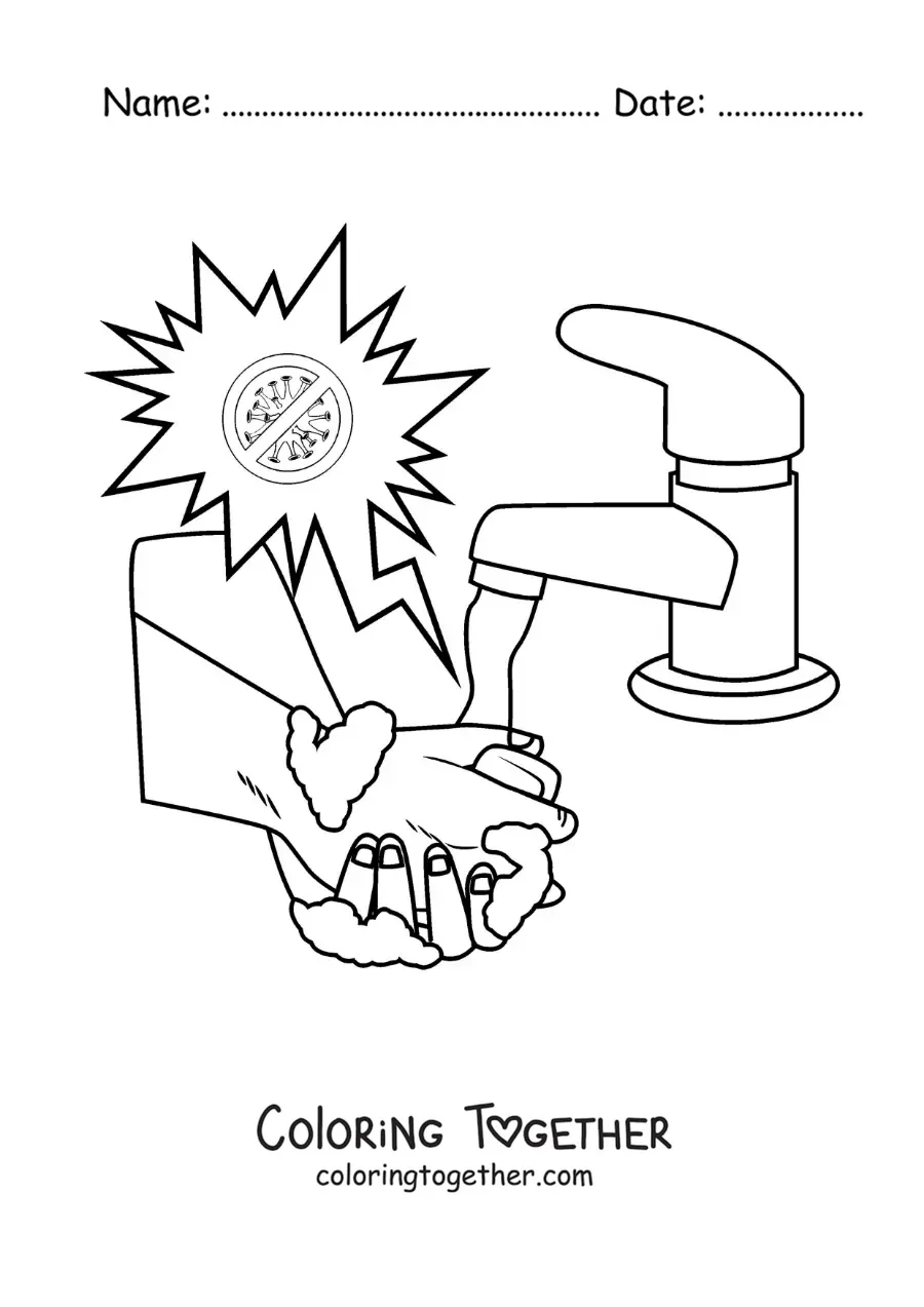 Coloring page of a pair of soapy hands under running water, protected from a cartoon virus
