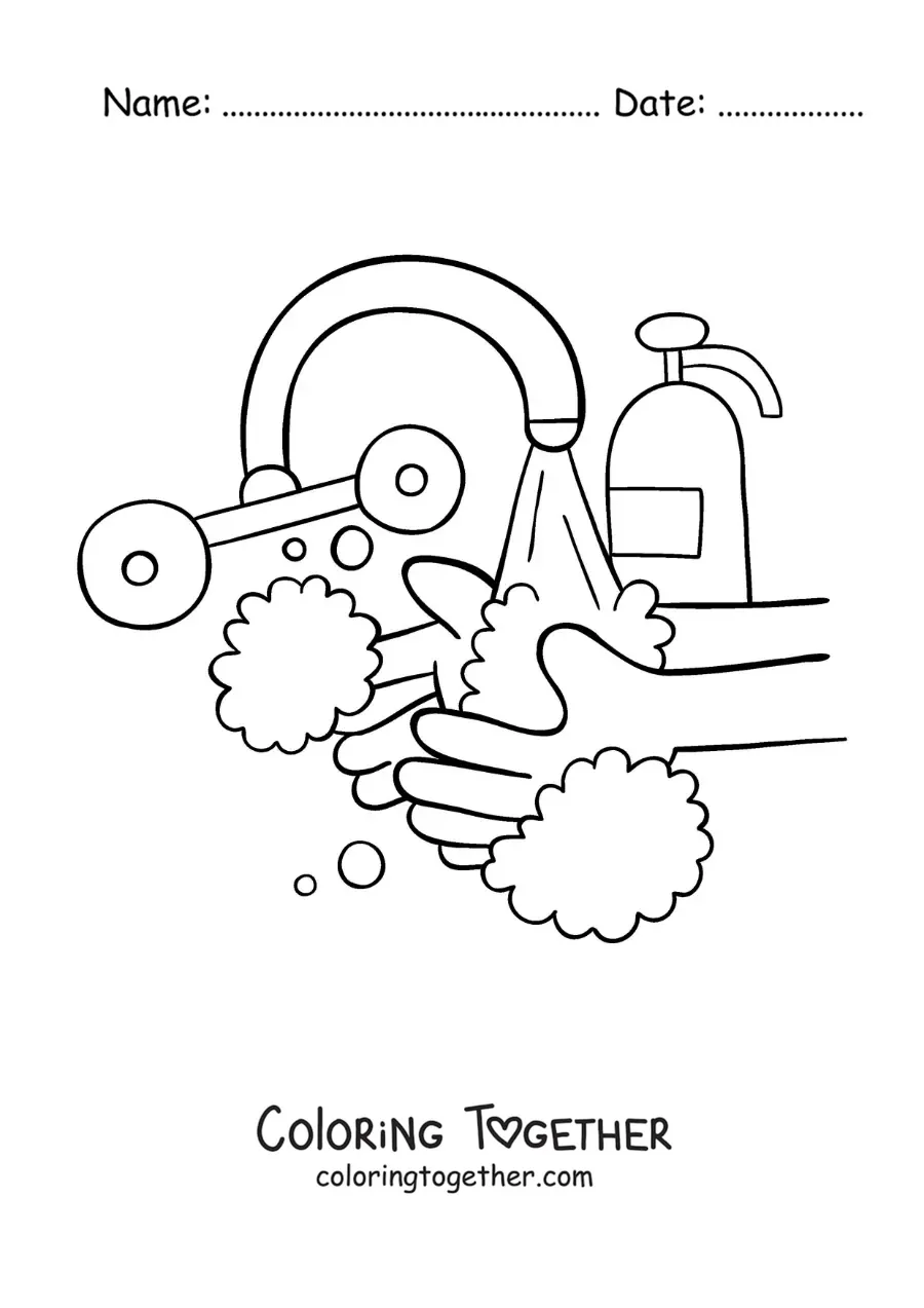 Coloring page of a pair of soapy hands under running water at the sink