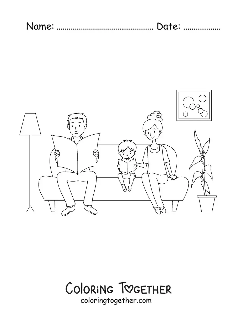 Coloring page of a mom and a dad sitting on the sofa with their little son