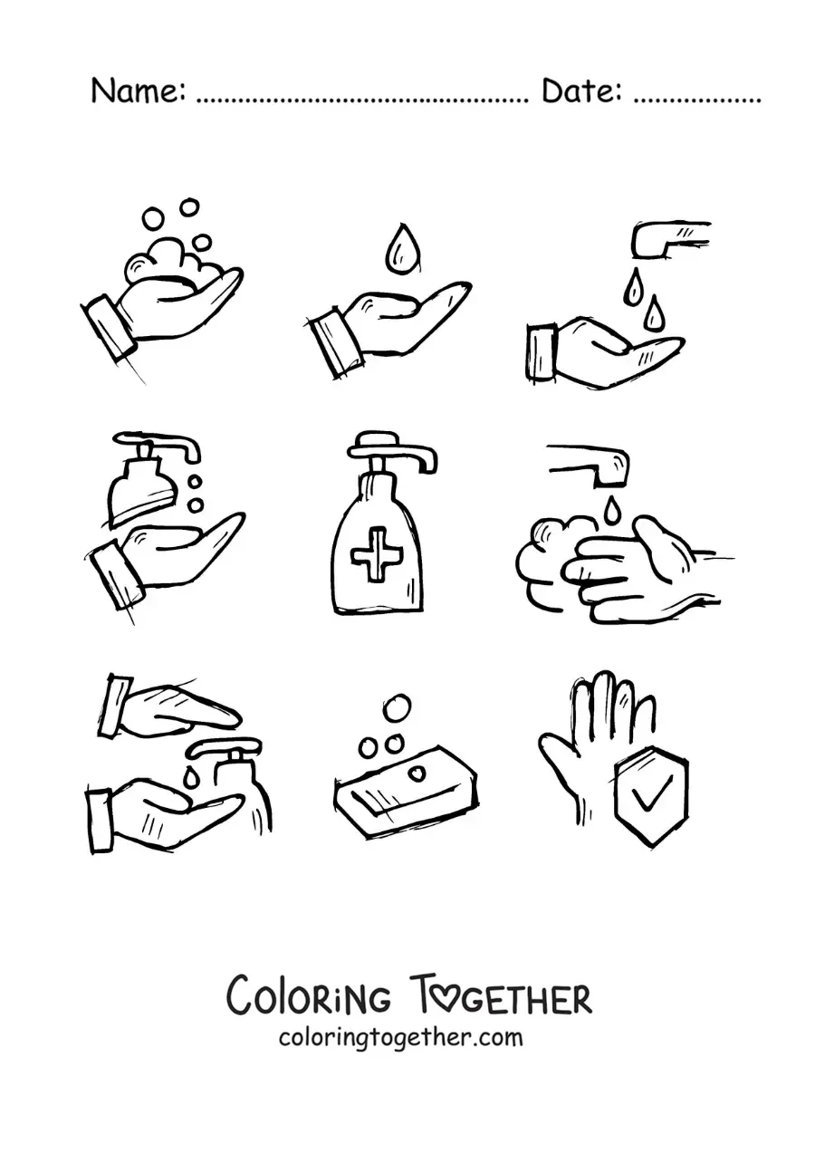 Coloring page of handwashing symbols
