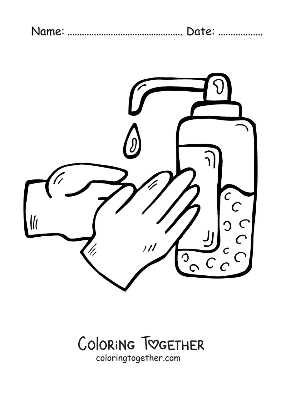 Coloring page of a pair of hands with hand sanitizer