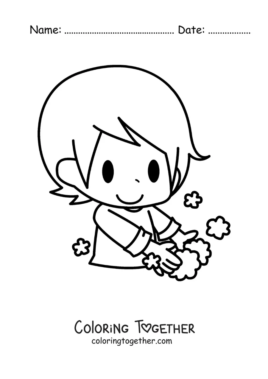 Coloring page of a kawaii boy washing his hands