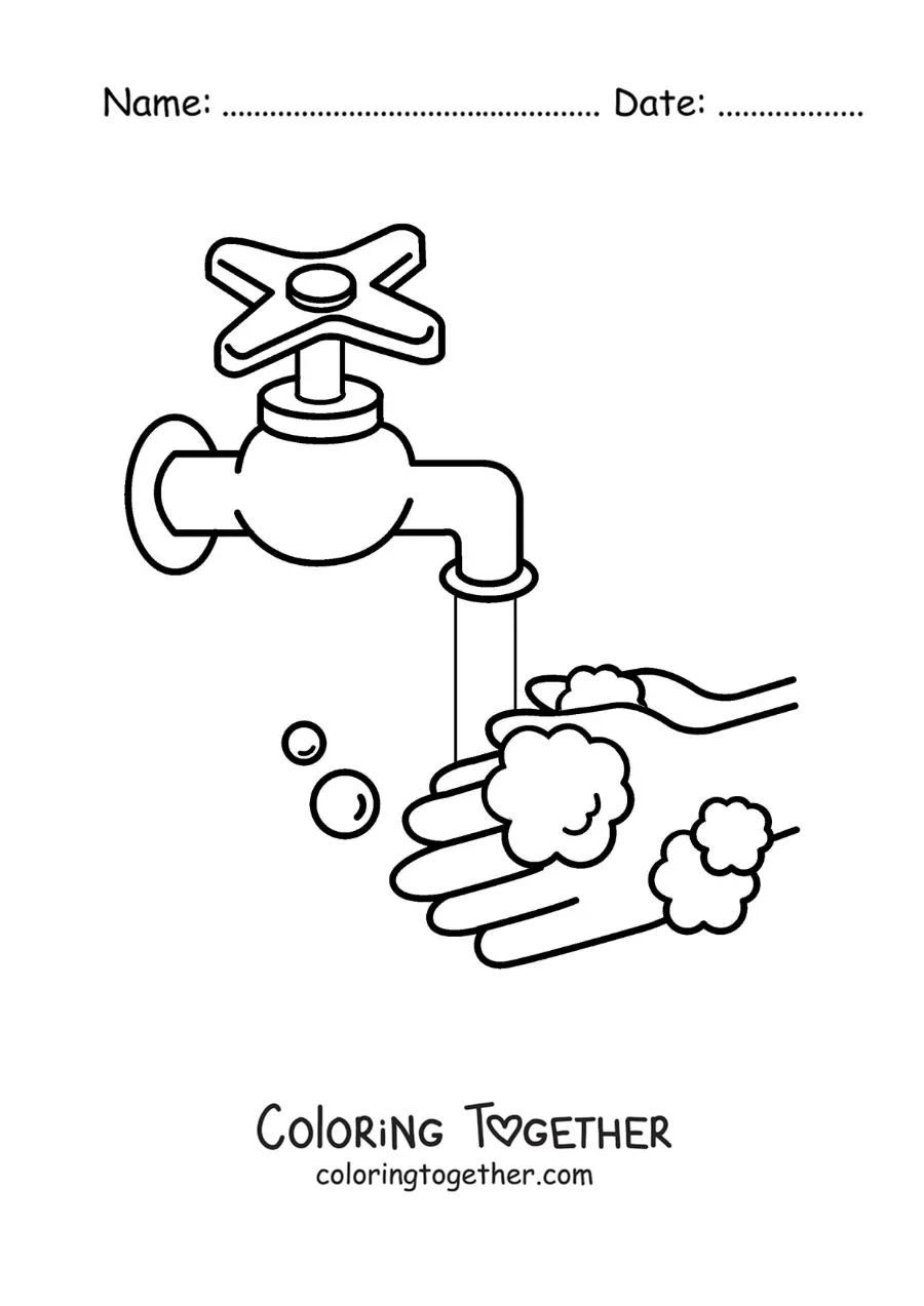 Coloring page of hand hygiene with soap and water