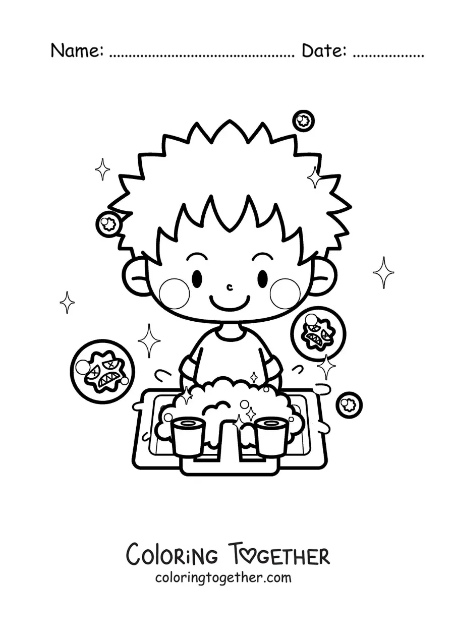 Coloring page of a kawaii boy washing his hands to prevent viruses