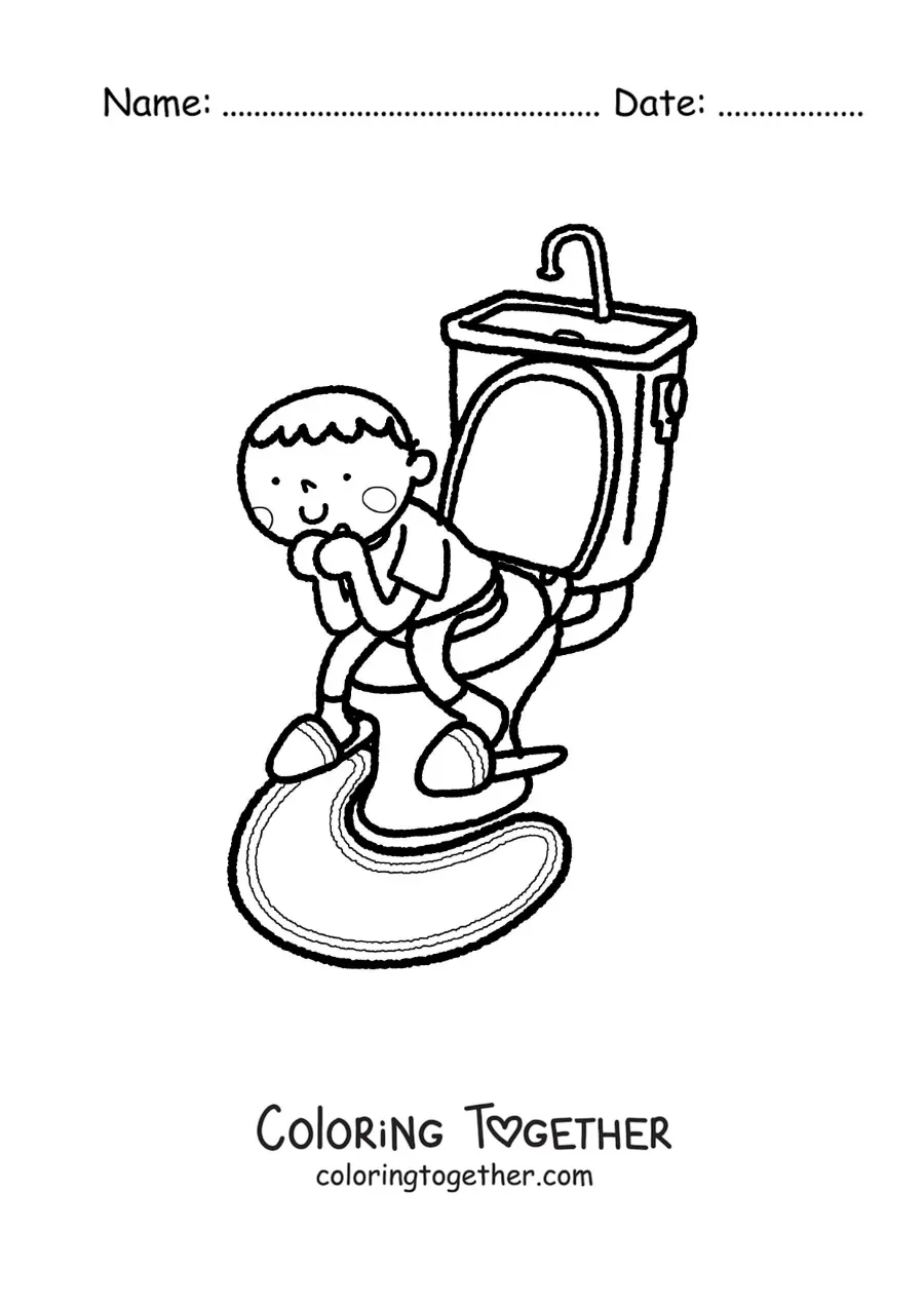 Coloring page of a boy on the toilet learning to use the bathroom