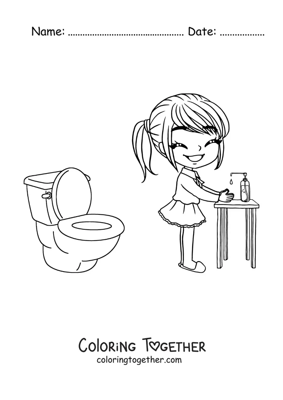 Coloring page of a girl washing her hands after going to the bathroom