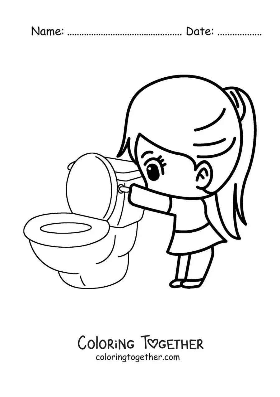 Coloring page of a girl flushing the toilet in the bathroom