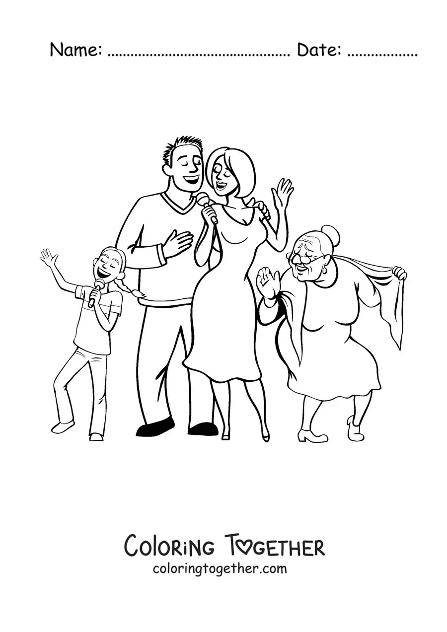 Coloring page of a family having fun with grandma dancing to one side