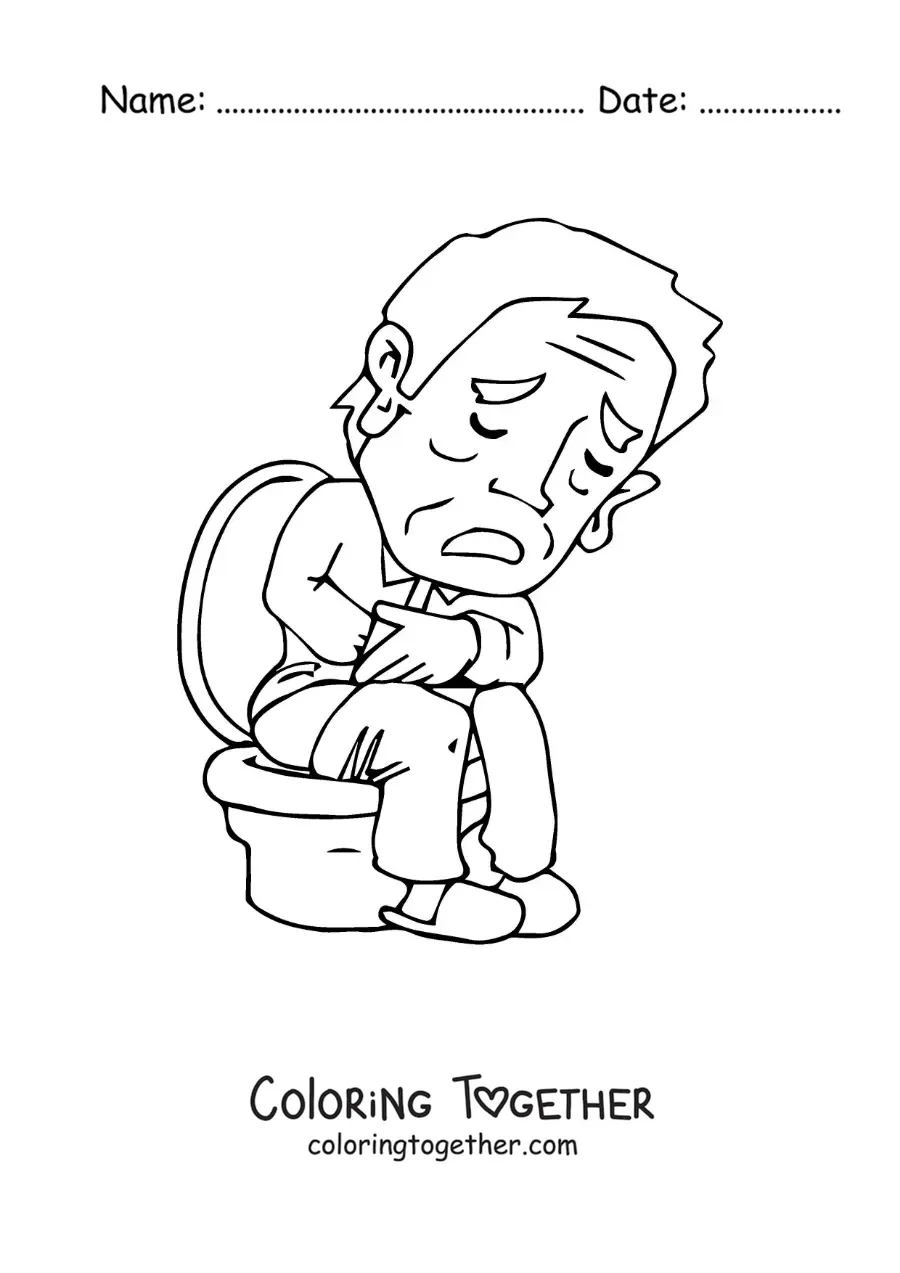Coloring page of a man with an upset stomach on the toilet