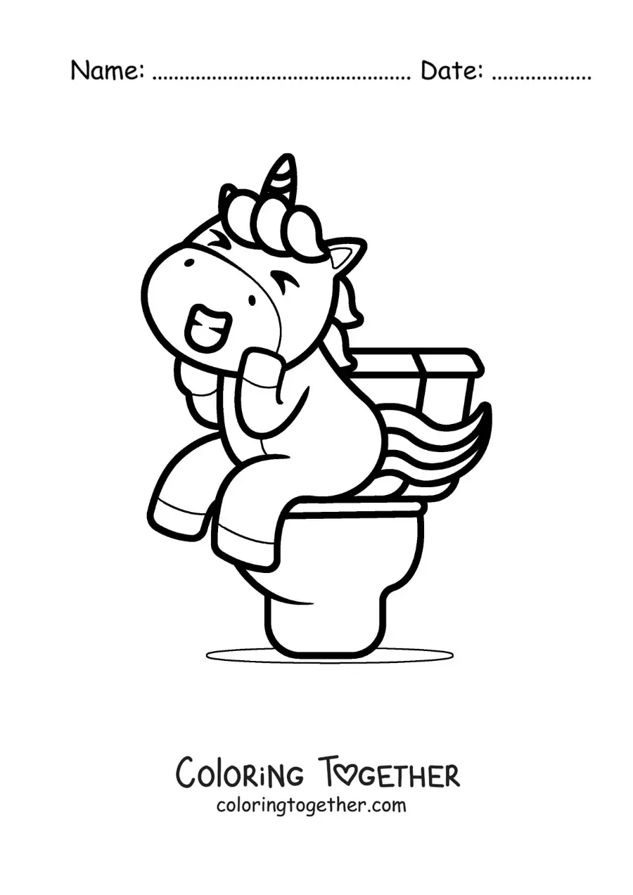 Coloring page of a cartoon unicorn sitting on the toilet