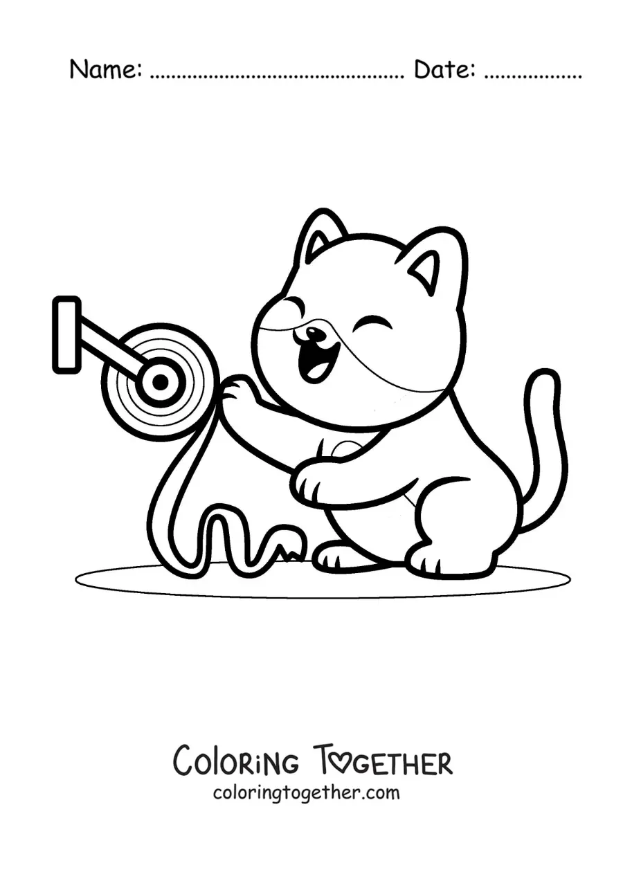 Coloring page of a cartoon cat playing with the toilet paper
