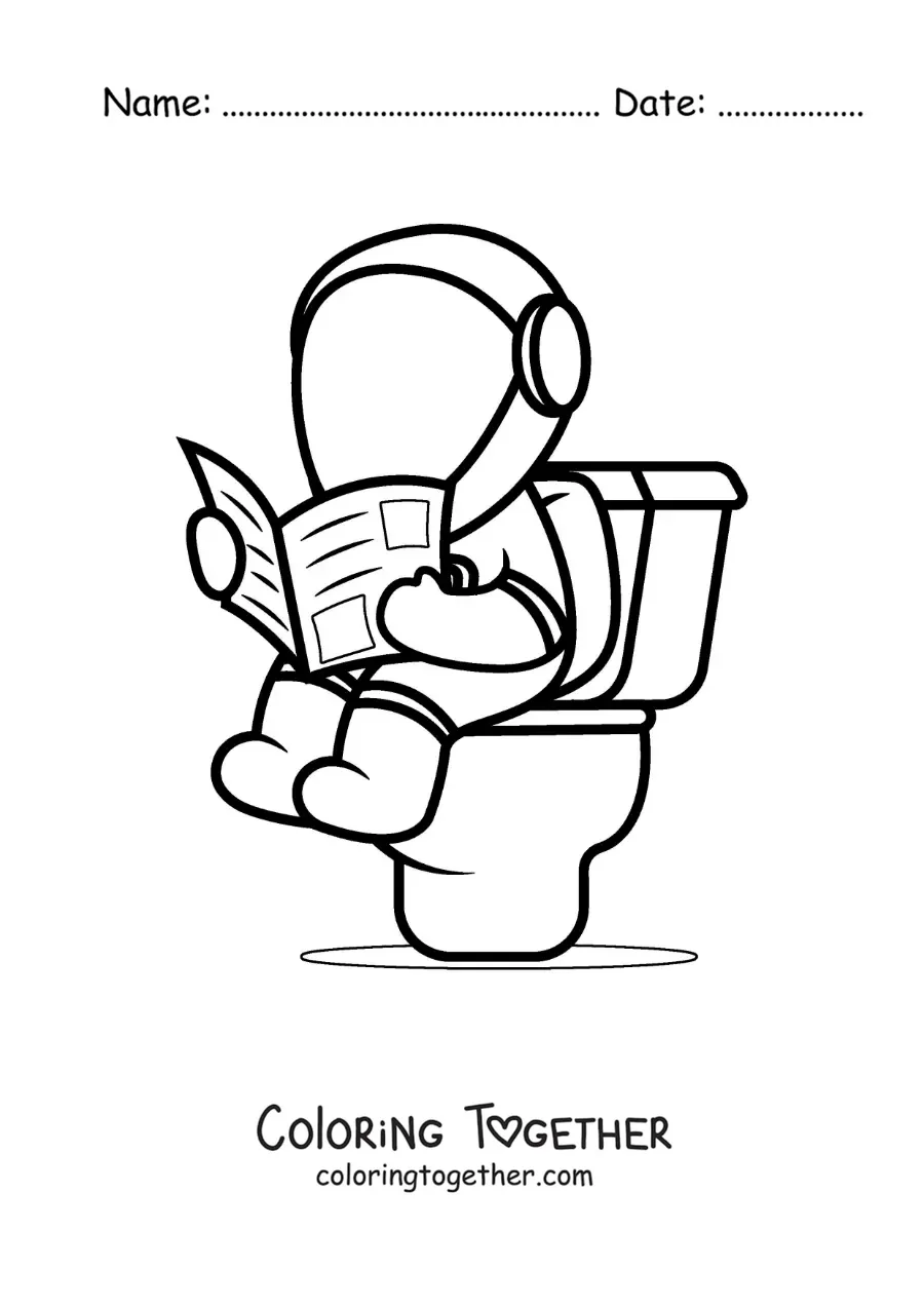Coloring page of a cartoon astronaut sitting on the toilet reading