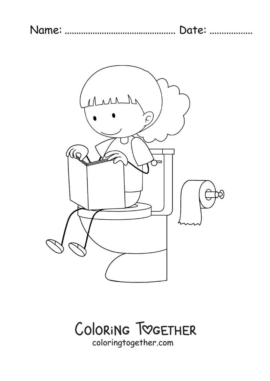 Coloring page of a girl sitting on the toilet reading a book