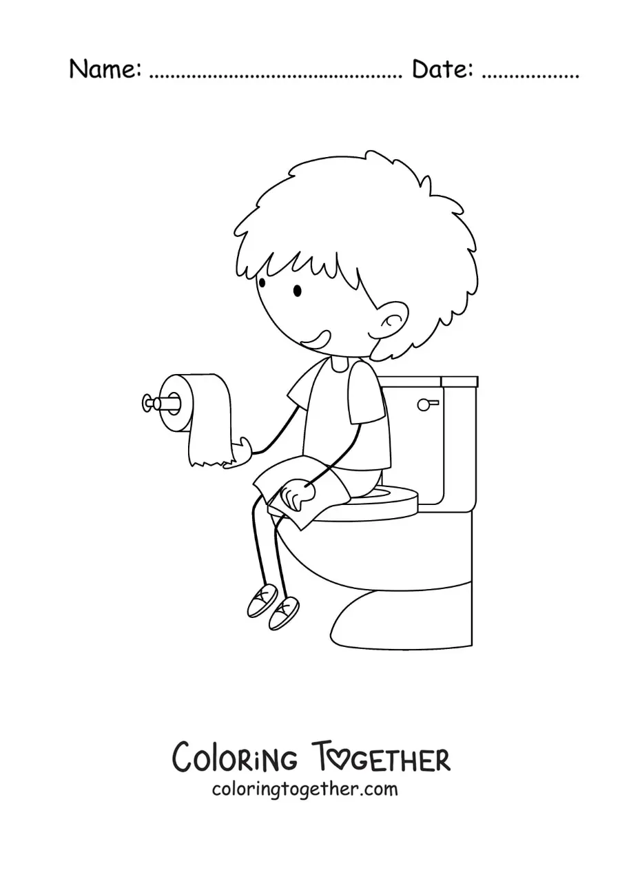 Coloring page of a boy sitting on the toilet with toilet paper