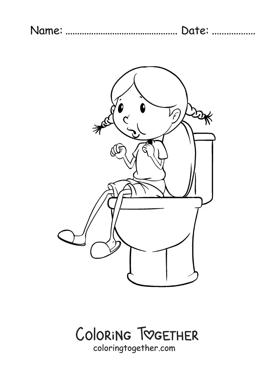 Coloring page of a girl sitting on the toilet