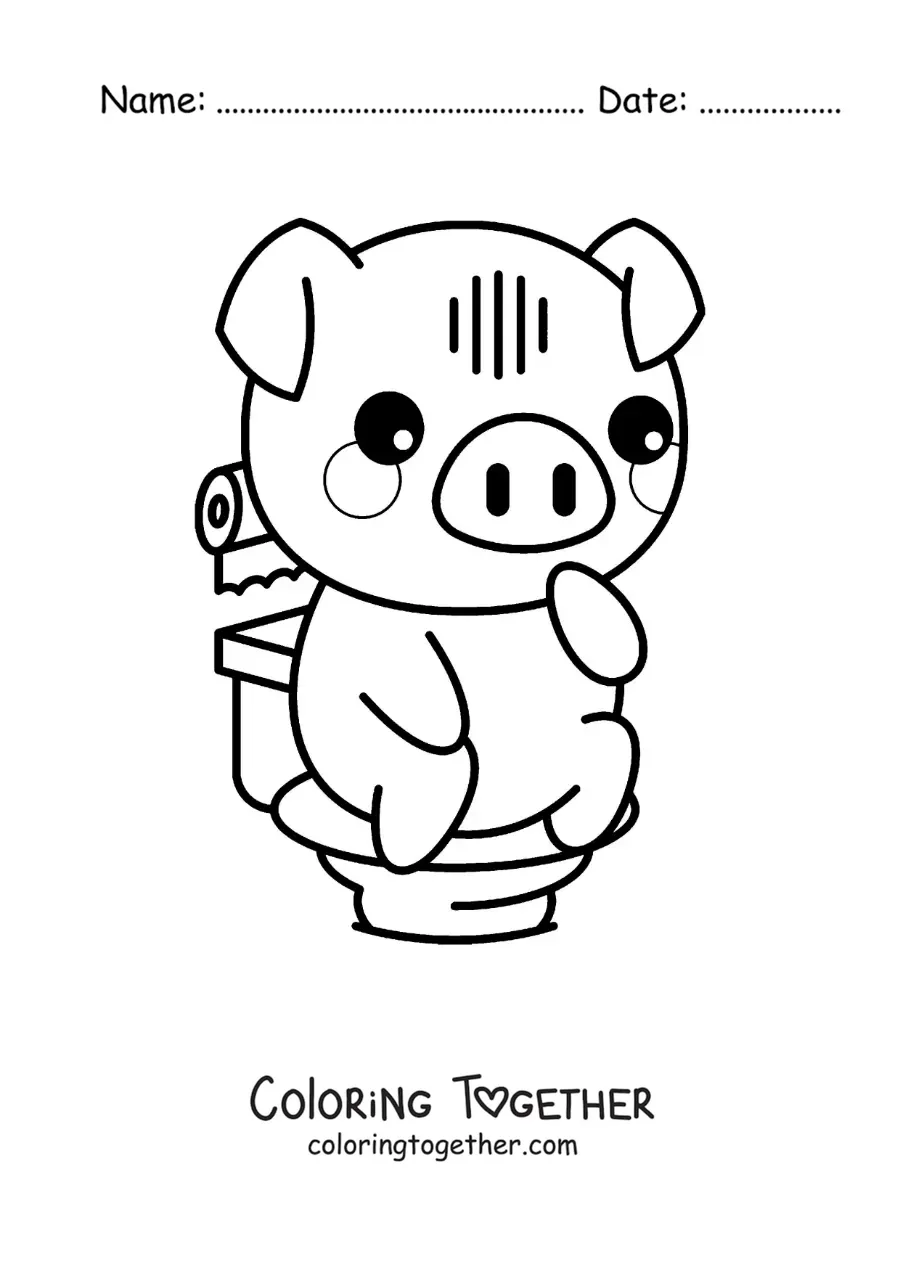 Coloring page of a cute cartoon piglet learning to use the toilet