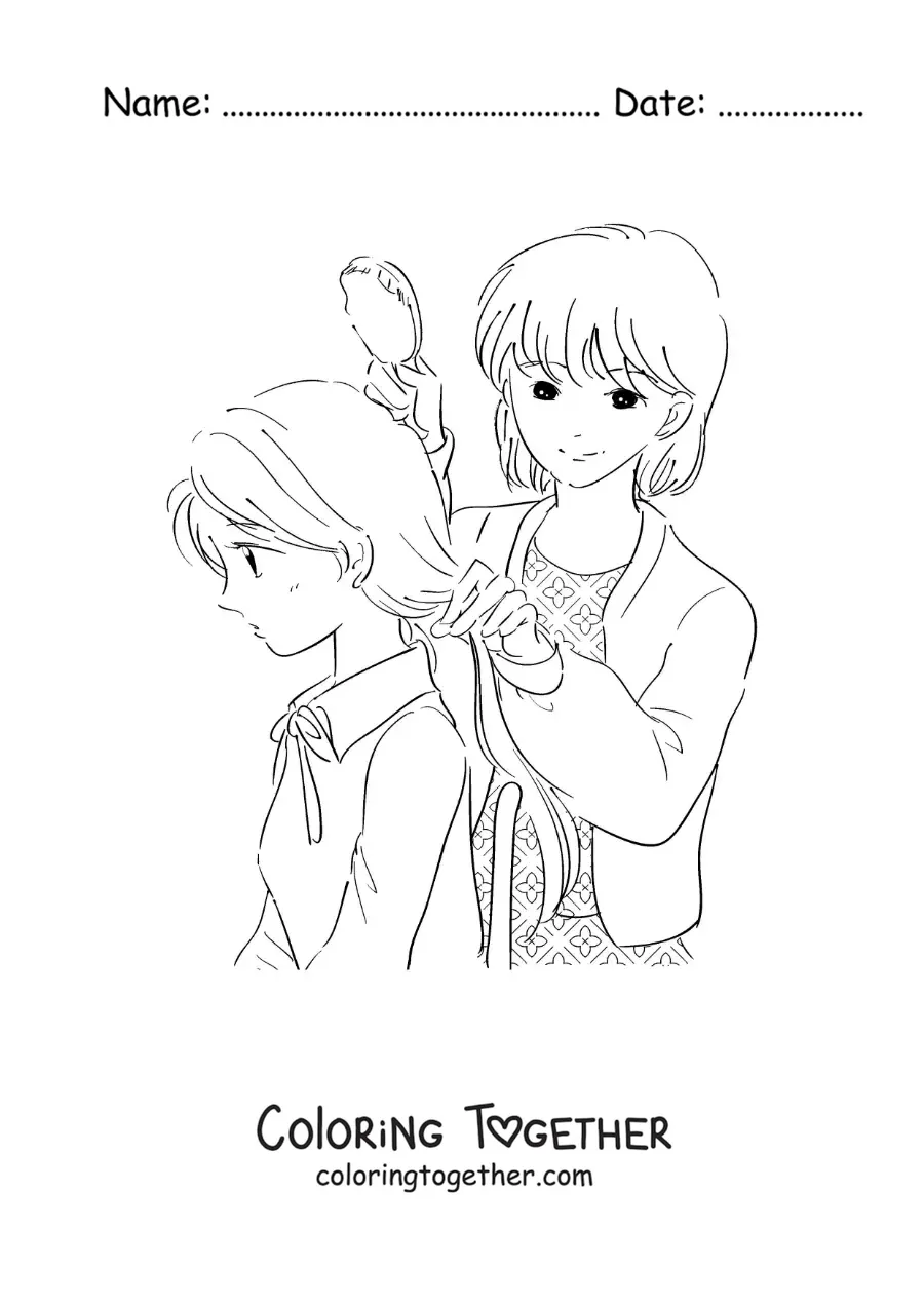 Coloring page of a mother combing her daughter's hair for school