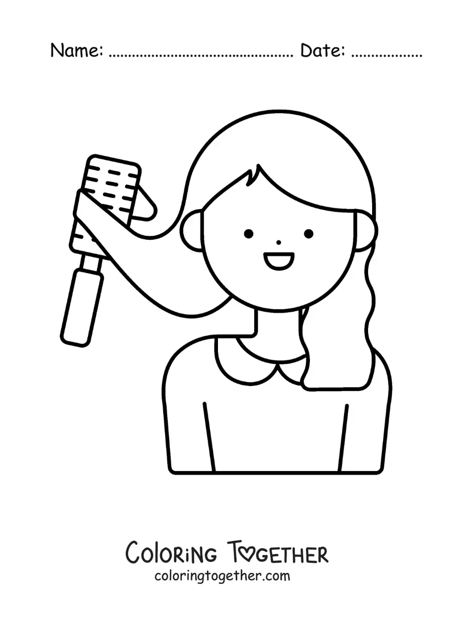 Coloring page of a girl brushing her hair with a brush