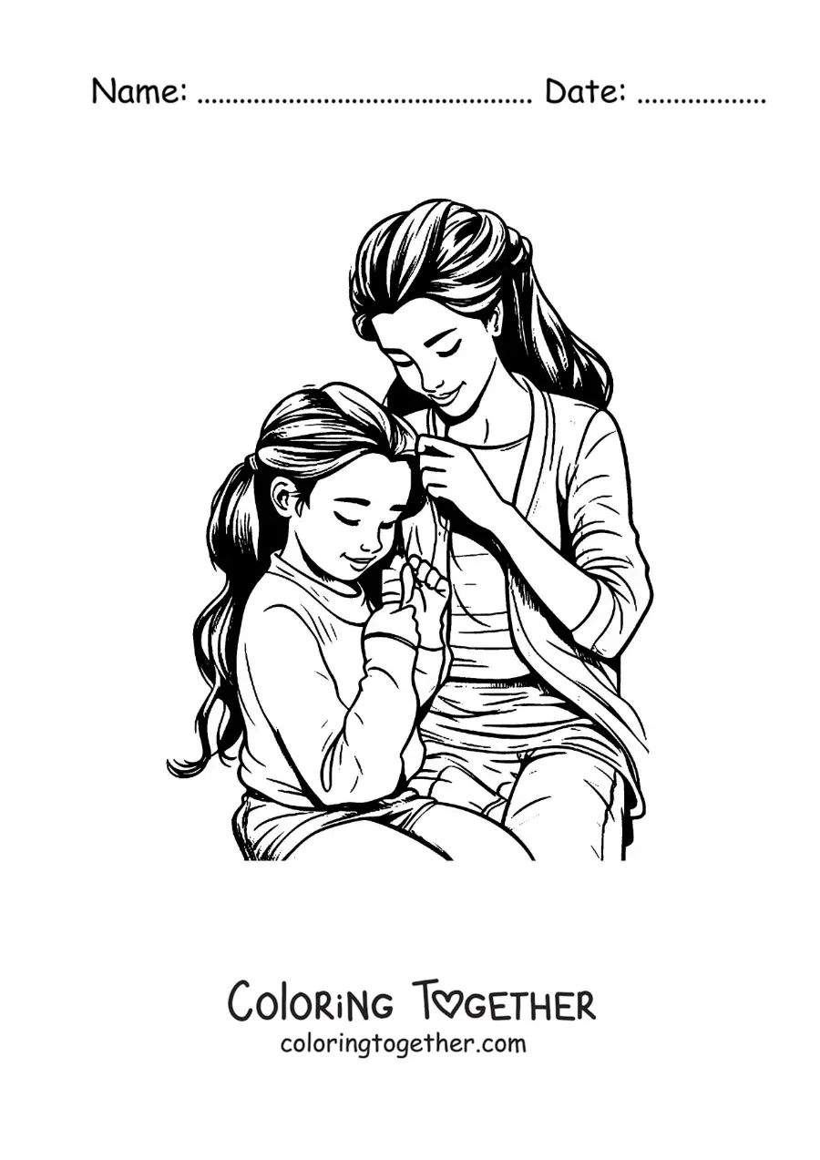 Coloring page of a mother combing her daughter's hair