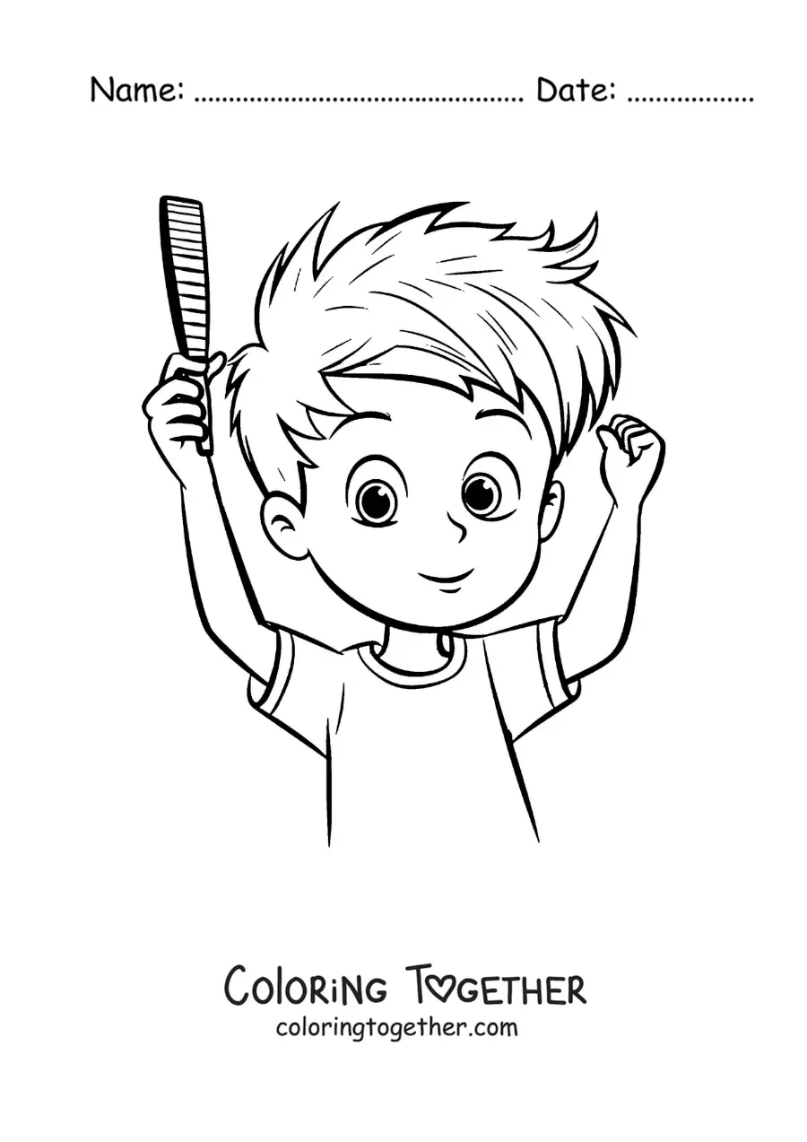 Coloring page of a boy combing his hair with a comb