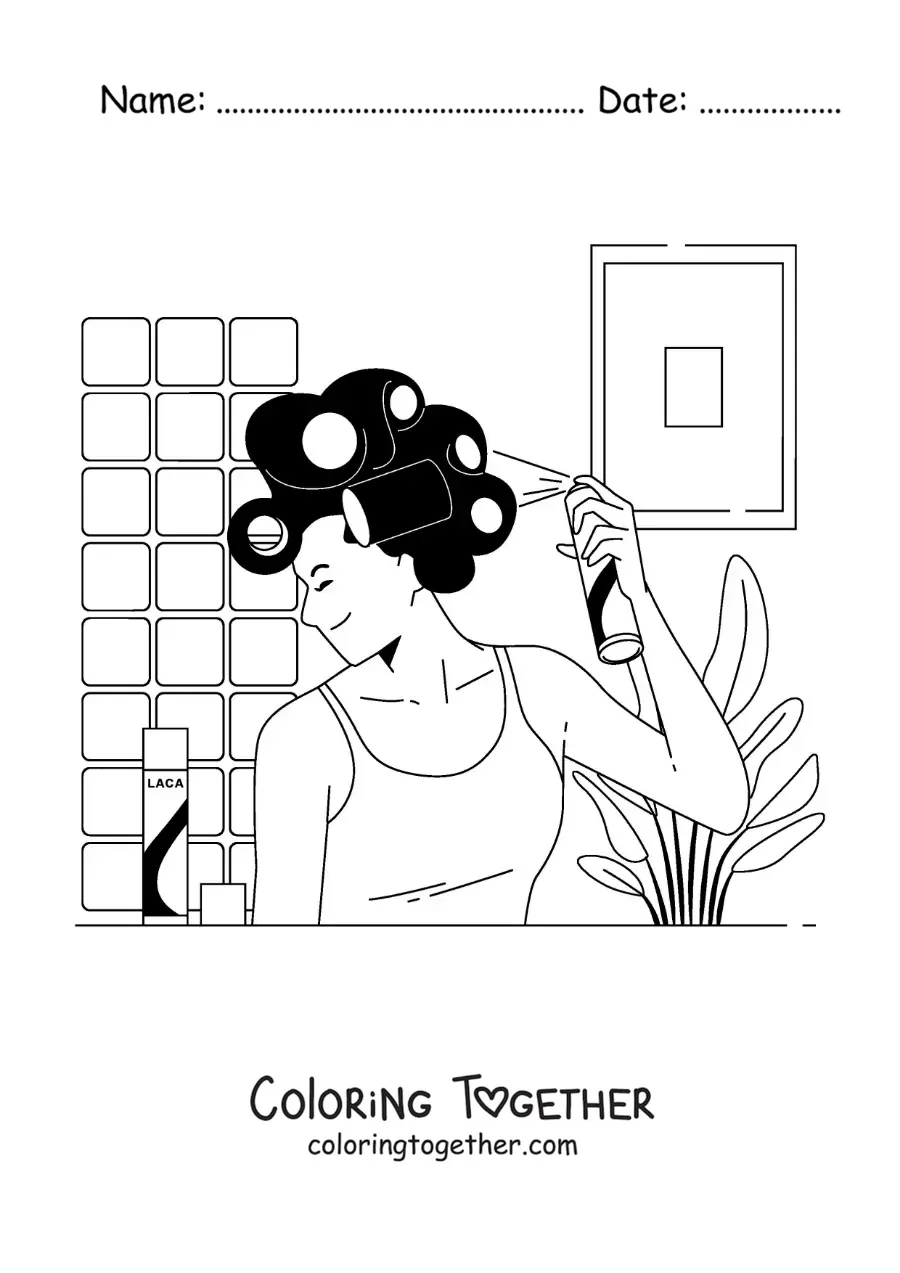 Coloring page of a woman styling her hair with hairspray