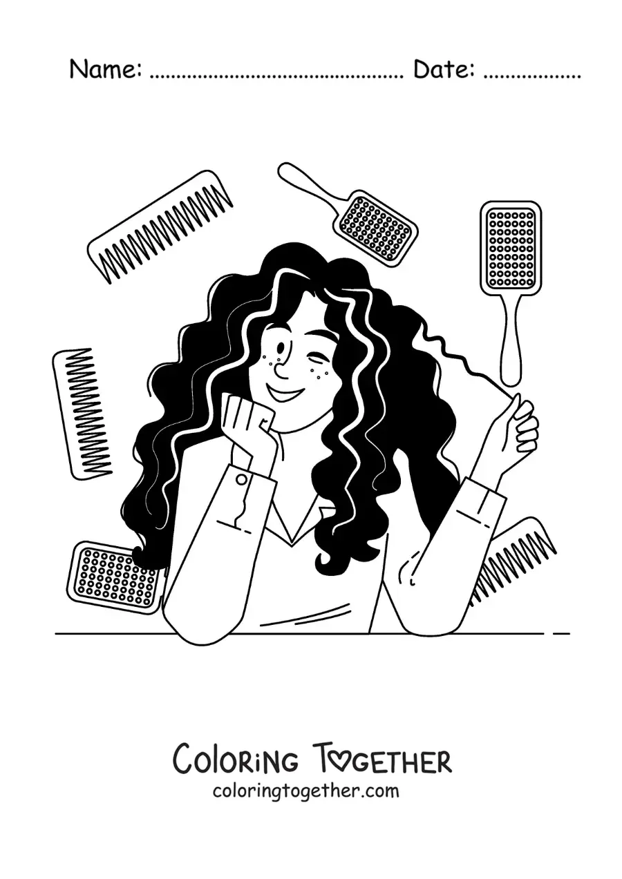 Coloring page of a woman with curly hair combing her hair
