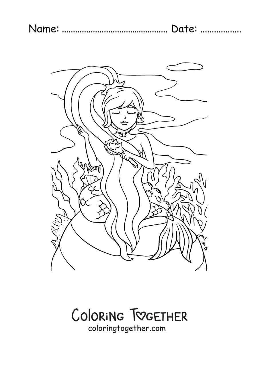 Coloring page of a cartoon mermaid combing her hair