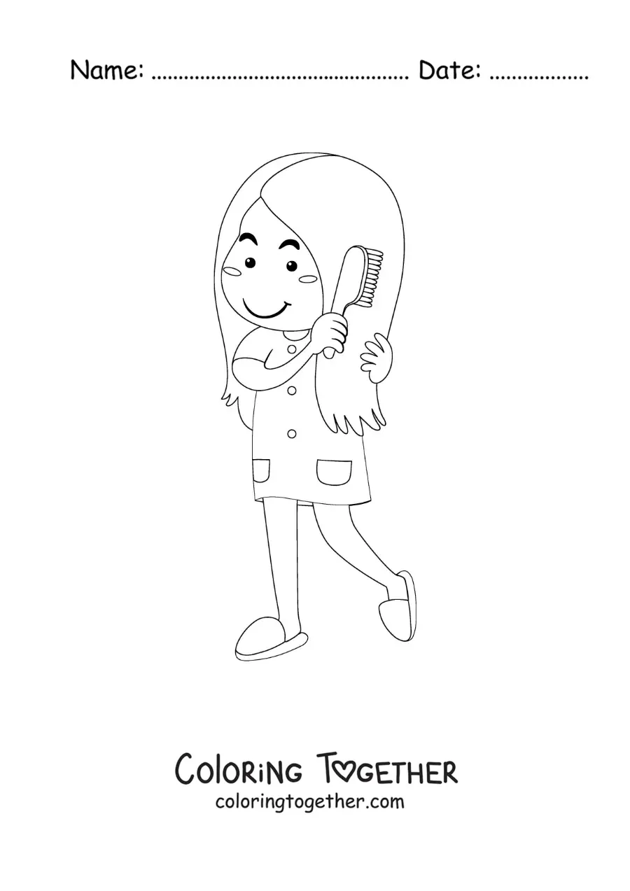 Coloring page of a girl combing her hair before sleeping