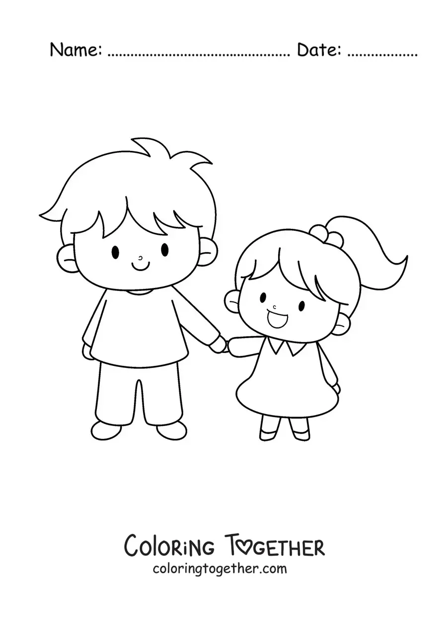 Coloring page of a boy holding his little sister