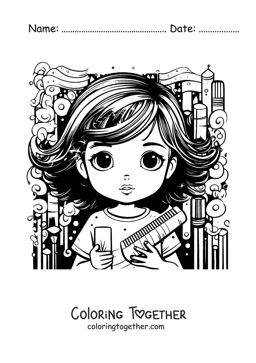 Coloring page of a girl with messy hair holding a brush and a comb