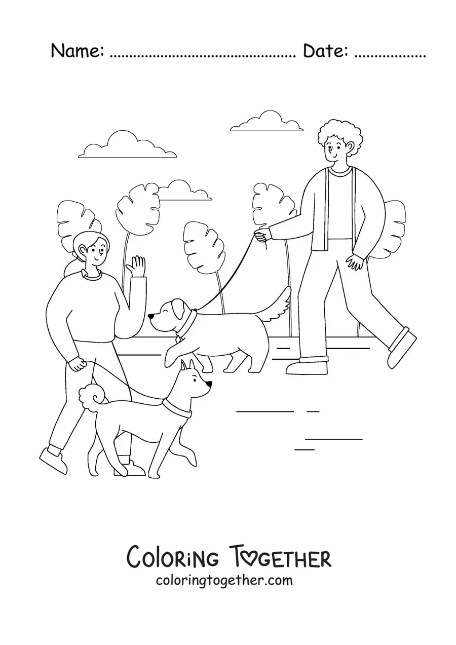 Coloring page of people walking their dogs in the park